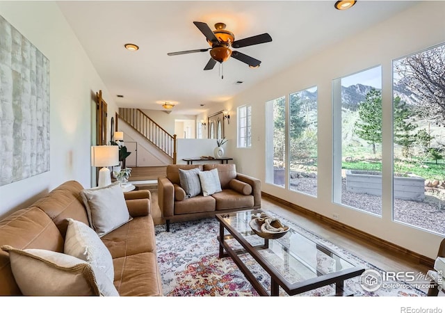 3786 Eldorado Springs Dr, Boulder, CO 80303 - living area with recessed lighting, ceiling fan, wood finished floors, and stairway