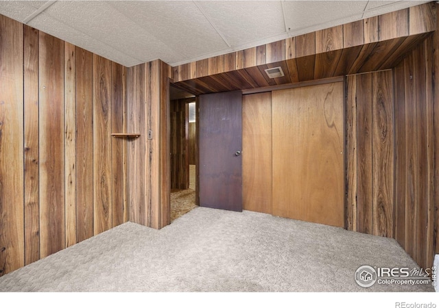 basement with wooden walls and carpet floors
