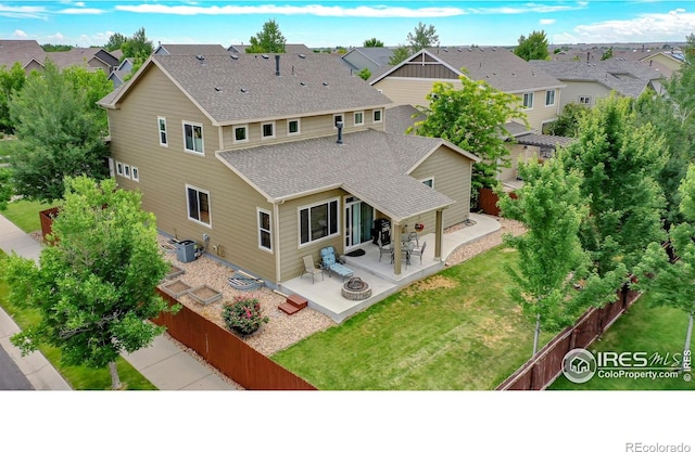 5543 Calgary St, Timnath, CO 80547 - back of property featuring a patio, roof with shingles, a residential view, and central air condition unit