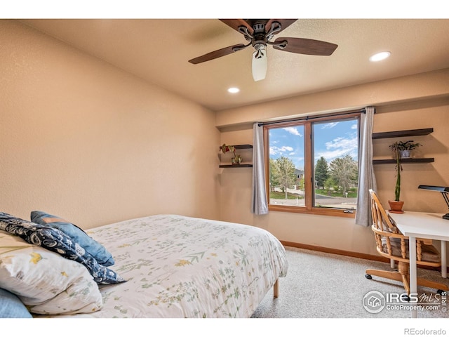 carpeted bedroom with recessed lighting, baseboards, and ceiling fan