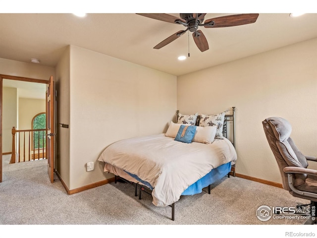 bedroom with carpet floors, a ceiling fan, baseboards, and recessed lighting