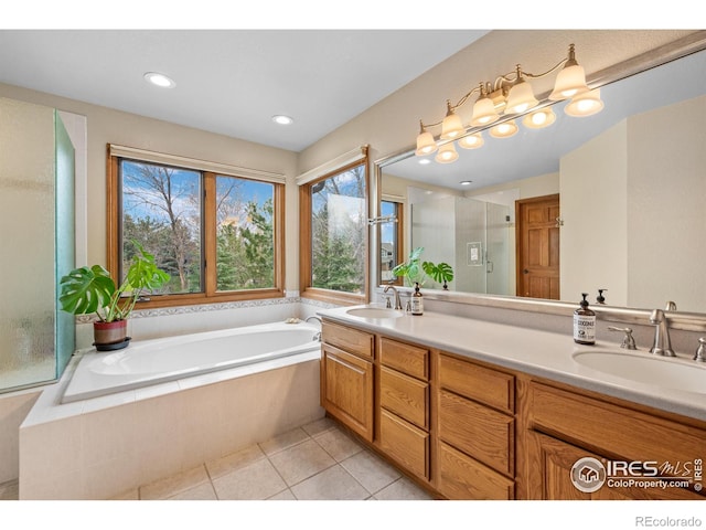 full bathroom featuring a garden tub, a sink, double vanity, and a shower stall
