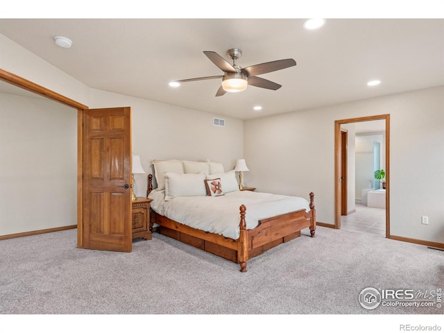 bedroom featuring visible vents, recessed lighting, carpet, and baseboards