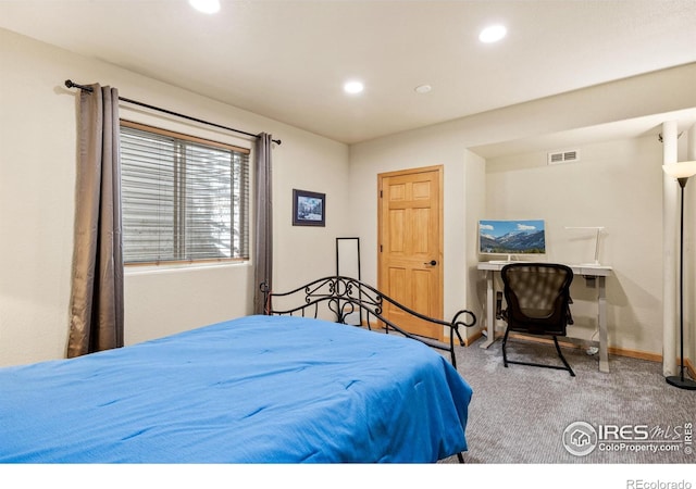 carpeted bedroom with baseboards, recessed lighting, and visible vents