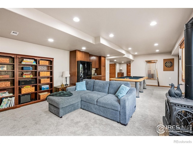 living area with recessed lighting, billiards, and light carpet