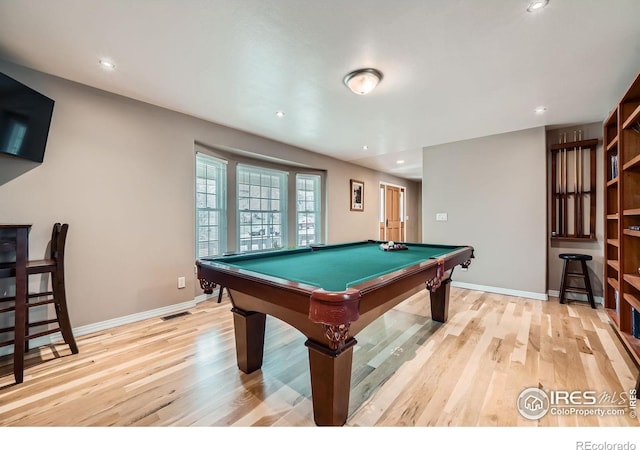 357 W Harper St, Louisville, CO 80027 - rec room featuring visible vents, baseboards, billiards, recessed lighting, and light wood finished floors