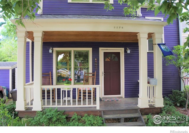 doorway to property with roof with shingles and covered porch
