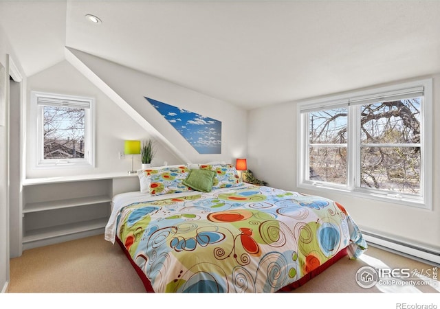 2276 Goss Cir, Boulder, CO 80302 - carpeted bedroom with baseboard heating, multiple windows, and lofted ceiling