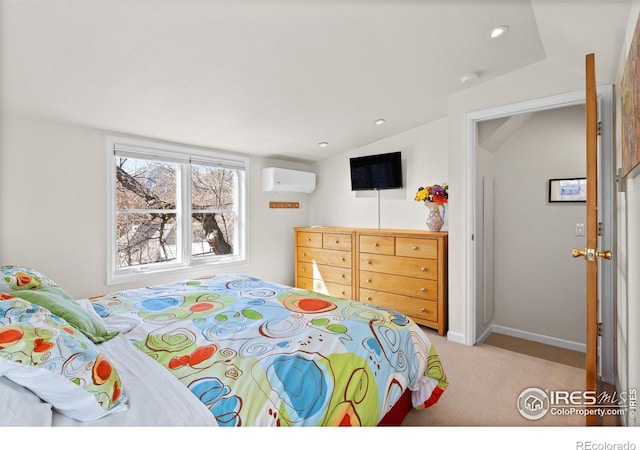 2276 Goss Cir, Boulder, CO 80302 - bedroom featuring baseboards, a wall mounted air conditioner, recessed lighting, vaulted ceiling, and light carpet