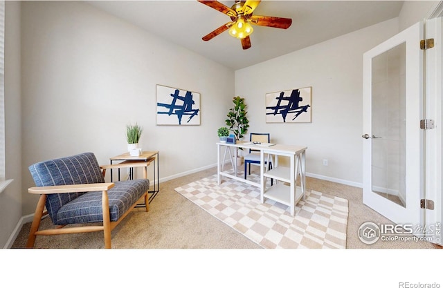 home office featuring carpet flooring, french doors, baseboards, and ceiling fan