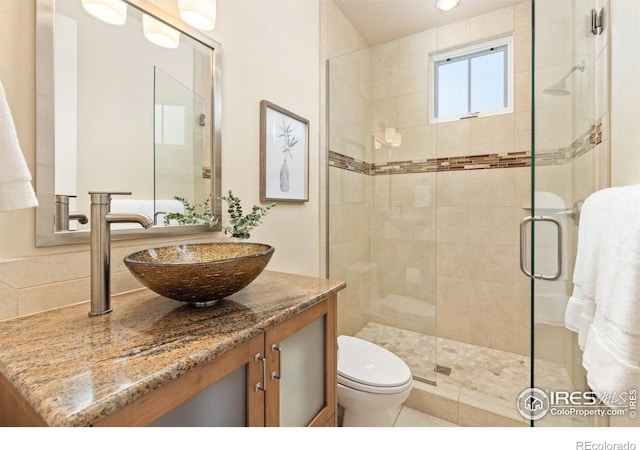 245 Spruce St, Louisville, CO 80027 - bathroom featuring toilet, vanity, and a stall shower