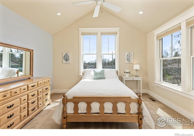 245 Spruce St, Louisville, CO 80027 - bedroom featuring visible vents, light colored carpet, baseboards, and lofted ceiling