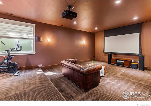 245 Spruce St, Louisville, CO 80027 - home theater with recessed lighting, carpet, visible vents, and baseboards