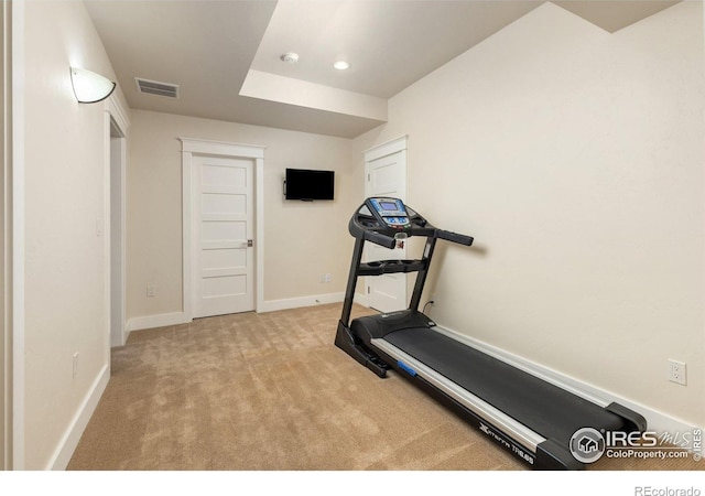 245 Spruce St, Louisville, CO 80027 - workout room featuring carpet flooring, baseboards, visible vents, and recessed lighting