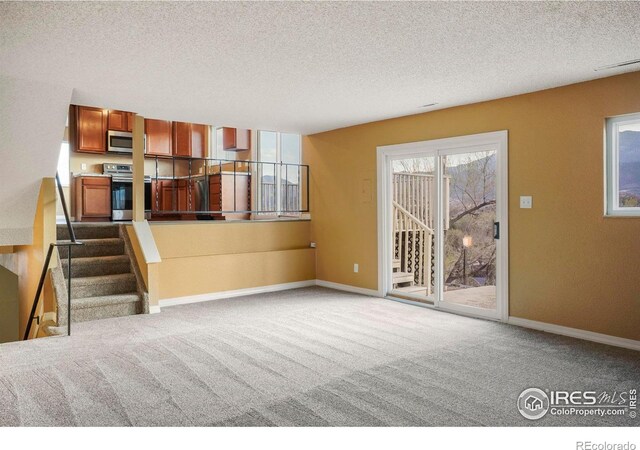 1458 Friendship Ln W, Colorado Springs, CO 80904 - unfurnished living room featuring a textured ceiling, baseboards, and carpet floors