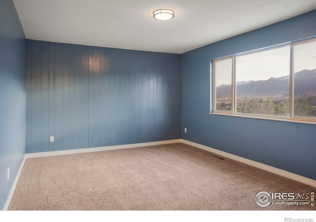 1458 Friendship Ln W, Colorado Springs, CO 80904 - carpeted spare room with wooden walls, a mountain view, and baseboards
