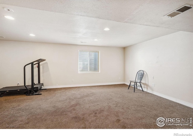workout room featuring recessed lighting, visible vents, and carpet floors
