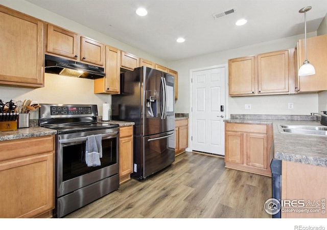 10433 Forester Pl, Longmont, CO 80504 - kitchen with a sink, light wood-type flooring, visible vents, under cabinet range hood, and appliances with stainless steel finishes