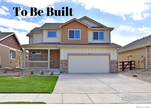 8606 8th St, Greeley, CO 80634 - craftsman inspired home with a porch, an attached garage, a front yard, and stone siding