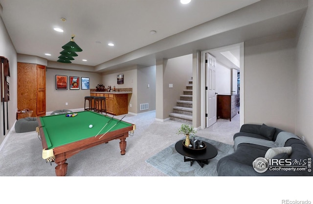 5105 Nelson Ct, Fort Collins, CO 80528 - rec room featuring visible vents, recessed lighting, light carpet, billiards, and indoor bar