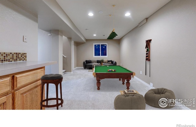 5105 Nelson Ct, Fort Collins, CO 80528 - recreation room with light carpet, baseboards, billiards, and recessed lighting