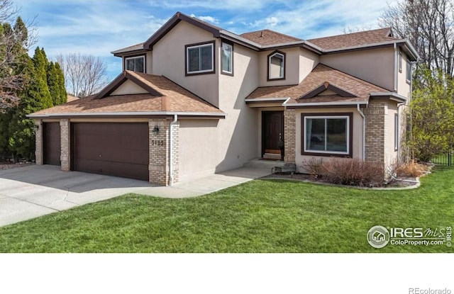 5105 Nelson Ct, Fort Collins, CO 80528 - traditional-style home with brick siding, a front yard, stucco siding, and concrete driveway