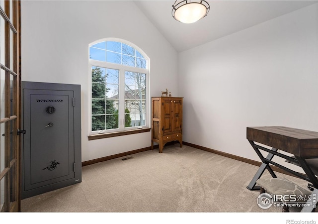 7225 Royal Country Down Dr, Windsor, CO 80550 - office featuring light colored carpet, baseboards, and high vaulted ceiling