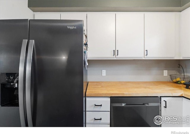 2660 E Otero Pl Unit 7, Centennial, CO 80122 - kitchen featuring stainless steel refrigerator with ice dispenser, dishwasher, white cabinetry, and butcher block countertops
