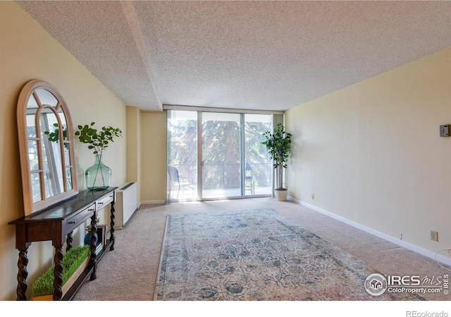 interior space with a textured ceiling, baseboards, radiator, and carpet floors
