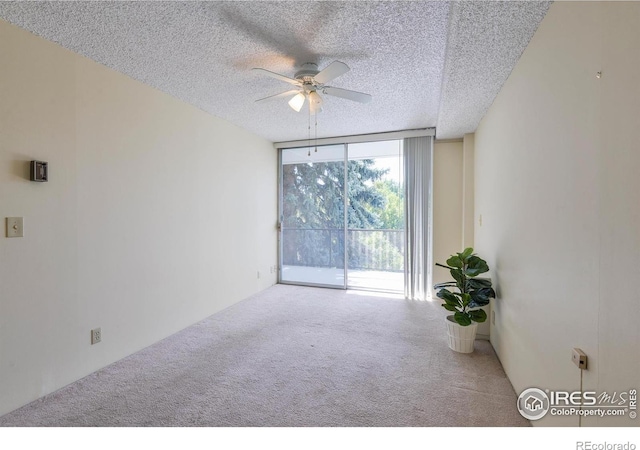 carpeted empty room featuring a textured ceiling, a ceiling fan, and a wall of windows