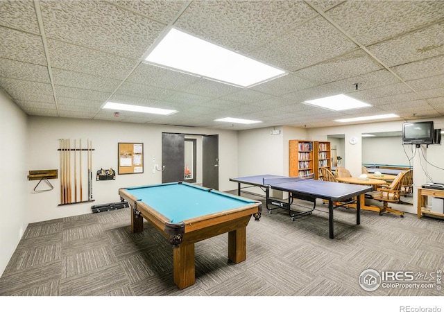 recreation room with carpet flooring, pool table, and a drop ceiling