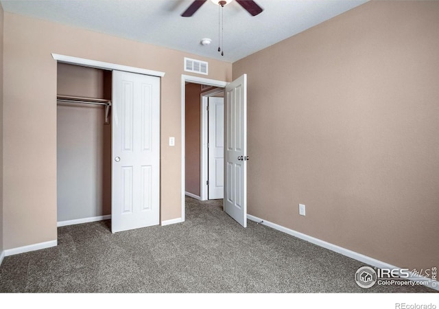 5036 Ridgewood Dr, Johnstown, CO 80534 - unfurnished bedroom featuring a closet, baseboards, visible vents, ceiling fan, and carpet floors