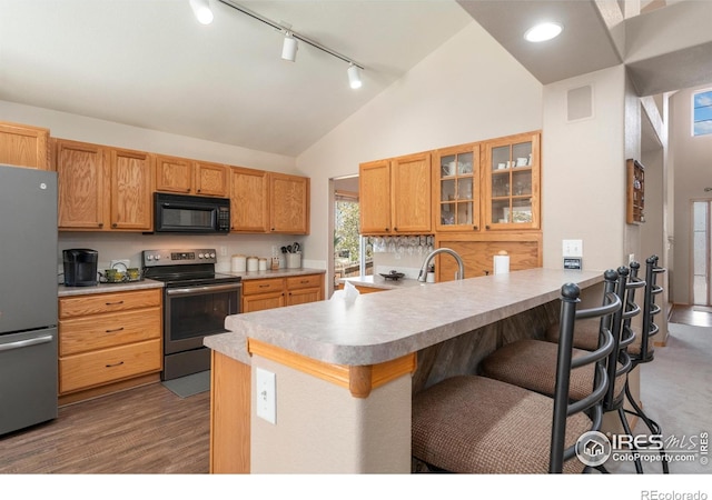 461 Scenic Dr, Loveland, CO 80537 - kitchen featuring track lighting, a peninsula, high vaulted ceiling, a kitchen bar, and appliances with stainless steel finishes