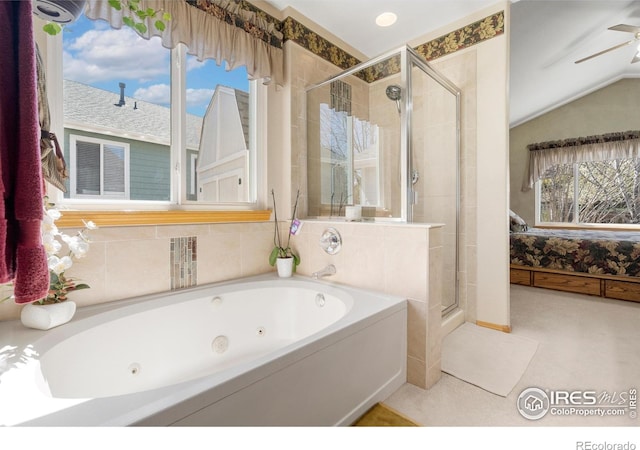 461 Scenic Dr, Loveland, CO 80537 - bathroom with a jetted tub, ceiling fan, a stall shower, lofted ceiling, and ensuite bathroom