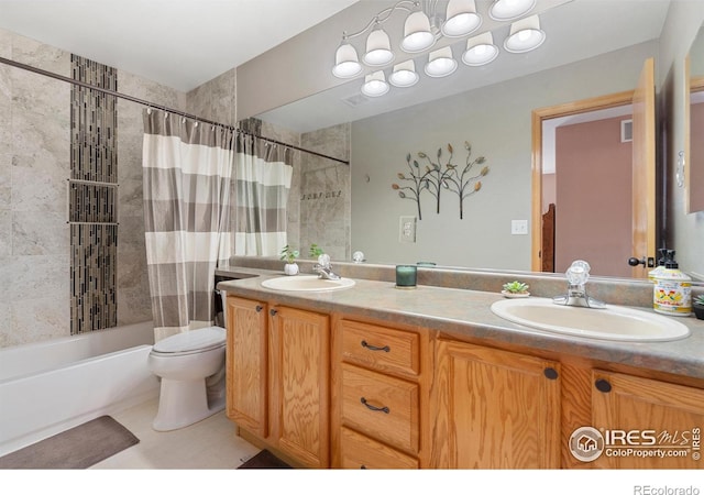 461 Scenic Dr, Loveland, CO 80537 - bathroom with double vanity, toilet, shower / bathtub combination with curtain, and a sink