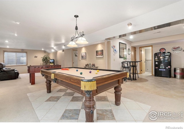 461 Scenic Dr, Loveland, CO 80537 - recreation room with light tile patterned floors, billiards, and light colored carpet