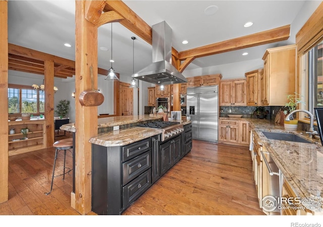 1420 Sierra Dr, Boulder, CO 80302 - kitchen with a sink, beam ceiling, light wood finished floors, stainless steel appliances, and island range hood