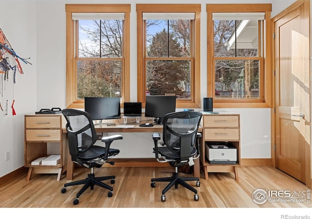 office area with baseboards and light wood finished floors