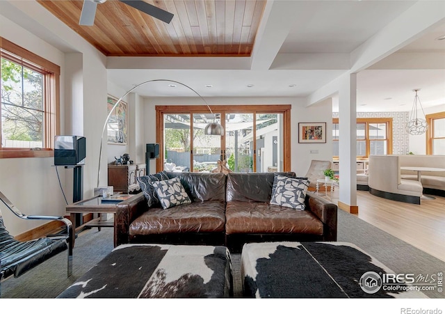 living area with baseboards, ceiling fan, a healthy amount of sunlight, and wood finished floors