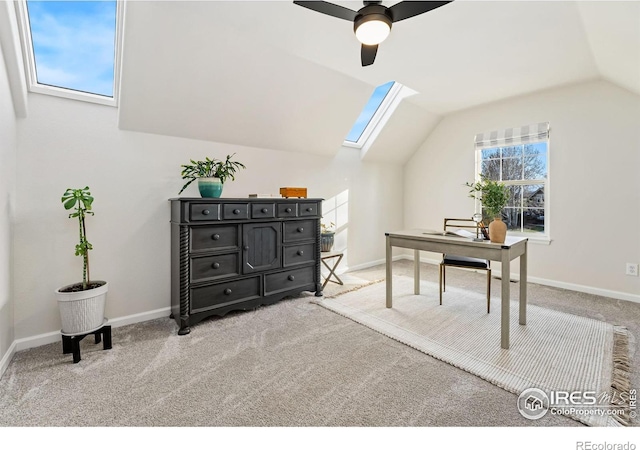 4939 Yoke Ct, Loveland, CO 80537 - office space featuring a skylight, carpet floors, a ceiling fan, vaulted ceiling, and baseboards