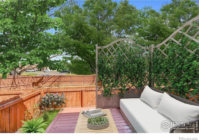 1202 Warrior Way, Lafayette, CO 80026 - wooden terrace with an outdoor living space and a fenced backyard