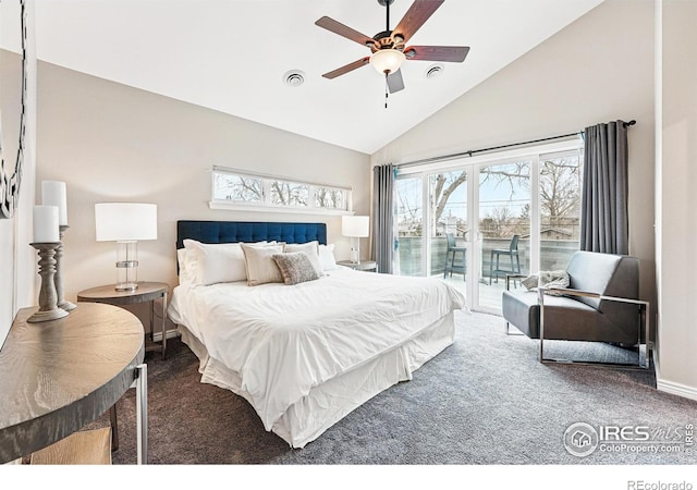 803 Ithaca Dr, Boulder, CO 80305 - bedroom with high vaulted ceiling, a ceiling fan, baseboards, carpet flooring, and access to exterior