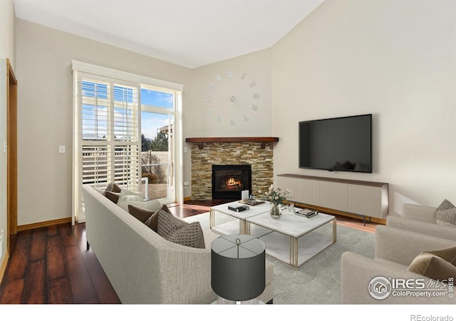 4603 Chokecherry Trl Unit 5, Fort Collins, CO 80526 - living room featuring hardwood / wood-style floors, a fireplace, and lofted ceiling