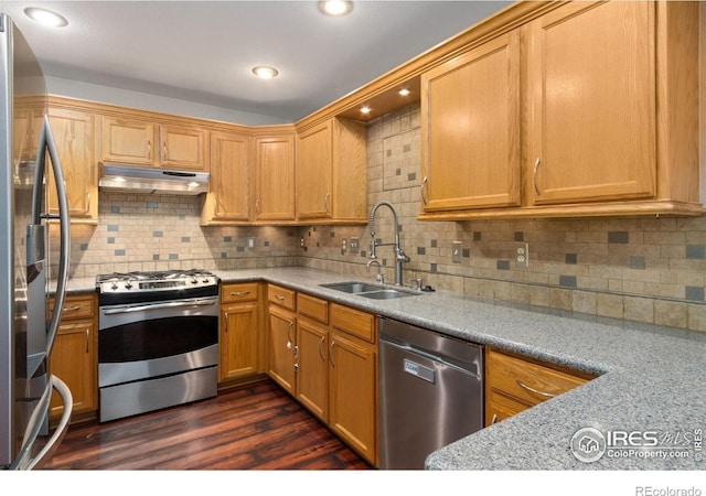 4603 Chokecherry Trl Unit 5, Fort Collins, CO 80526 - kitchen with appliances with stainless steel finishes, under cabinet range hood, decorative backsplash, dark wood-style floors, and light countertops