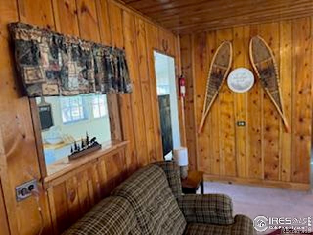 sitting room with wooden walls and wooden ceiling