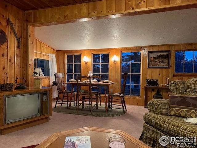 carpeted living room featuring wooden walls