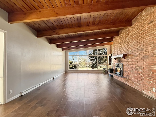 unfurnished living room featuring wooden ceiling, dark wood-type flooring, and a fireplace
