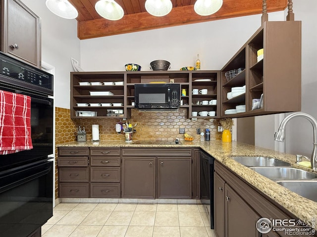 kitchen featuring open shelves, a sink, beamed ceiling, black appliances, and tasteful backsplash