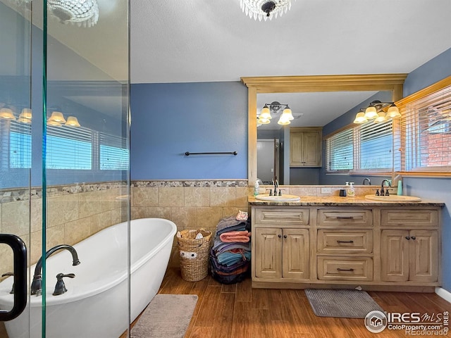 full bathroom featuring tile walls, a sink, a freestanding bath, and a healthy amount of sunlight