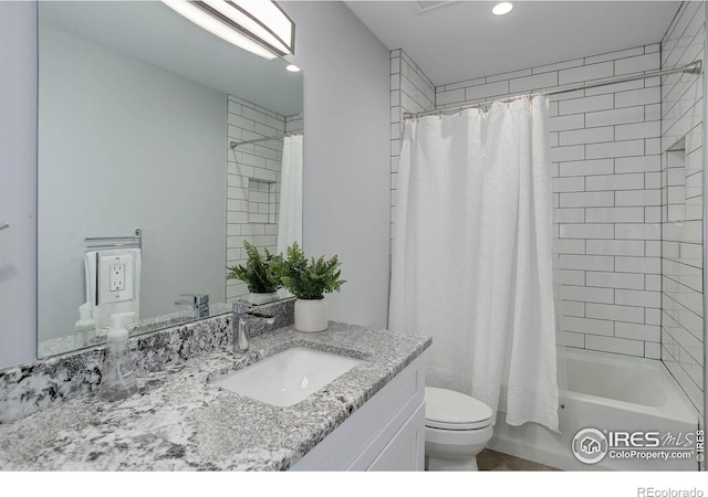 609 Hummer Dr, Nederland, CO 80466 - bathroom featuring recessed lighting, shower / bathtub combination with curtain, vanity, and toilet